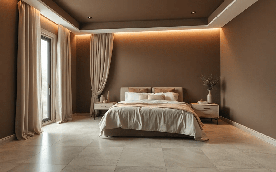 Dormitor cu gresie de interior în nuanța Mocha Mousse, pardoseală din gresie 120x60 cm și decoruri în tonuri crem, pentru un design relaxant și sofisticat.